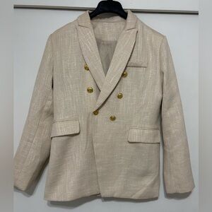Elegant Cream Tweed Double-Breasted Blazer Gold Buttons Women’s Medium